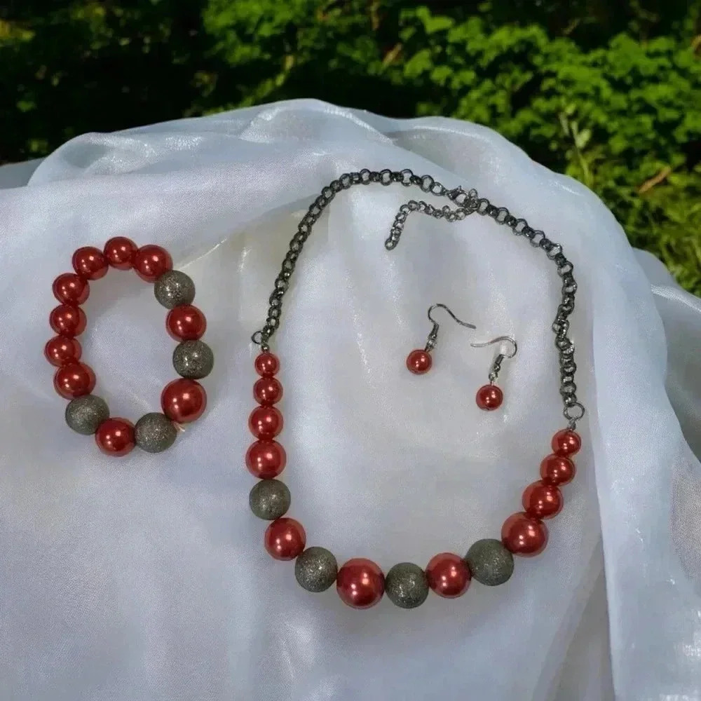 Red & grey beaded jewelry 3 piece set 1 bracelet 1 necklace 1 set earrings